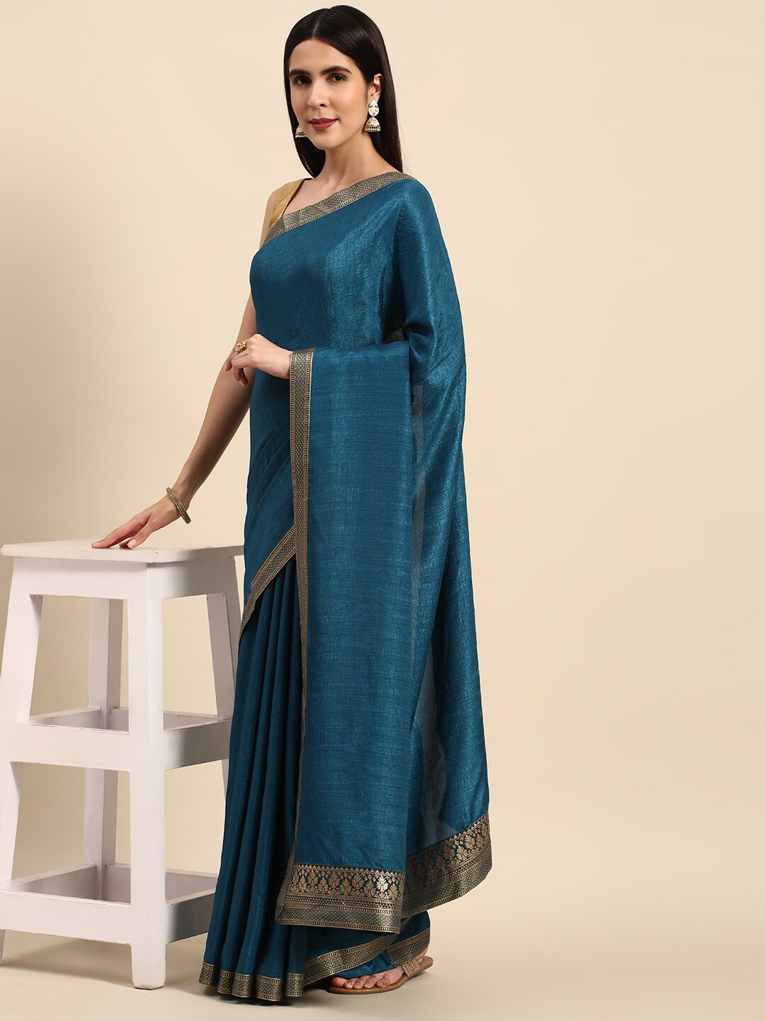 

HERE&NOW Ethnic Woven Design Border Saree, Blue