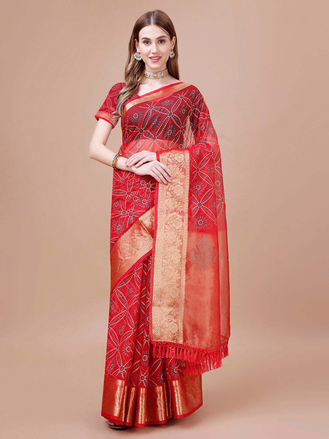 

HERE&NOW Geometric Printed Organza Saree, Red