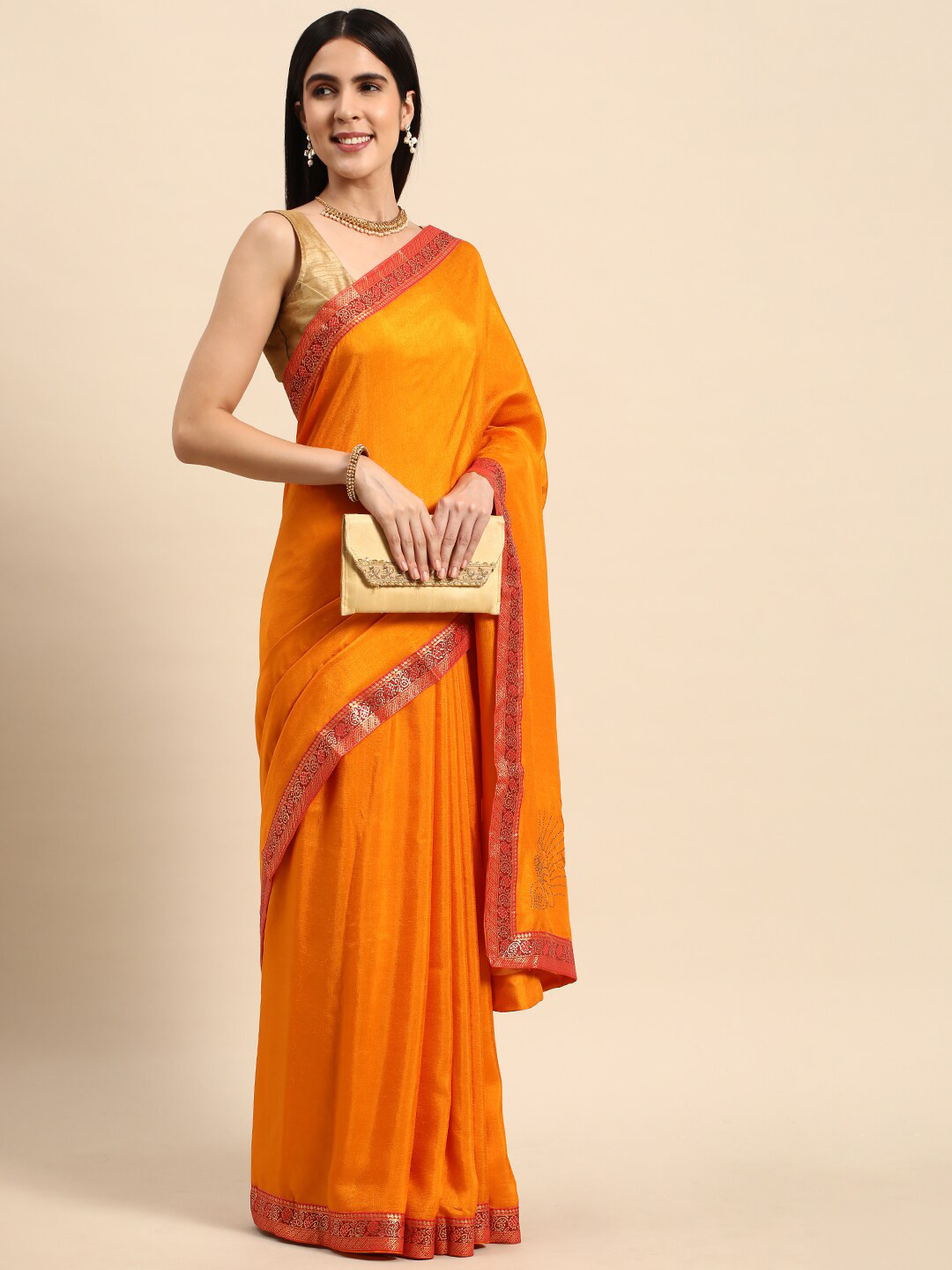 

HERE&NOW Beads and Stones Ethnic Woven Design Border Saree, Yellow