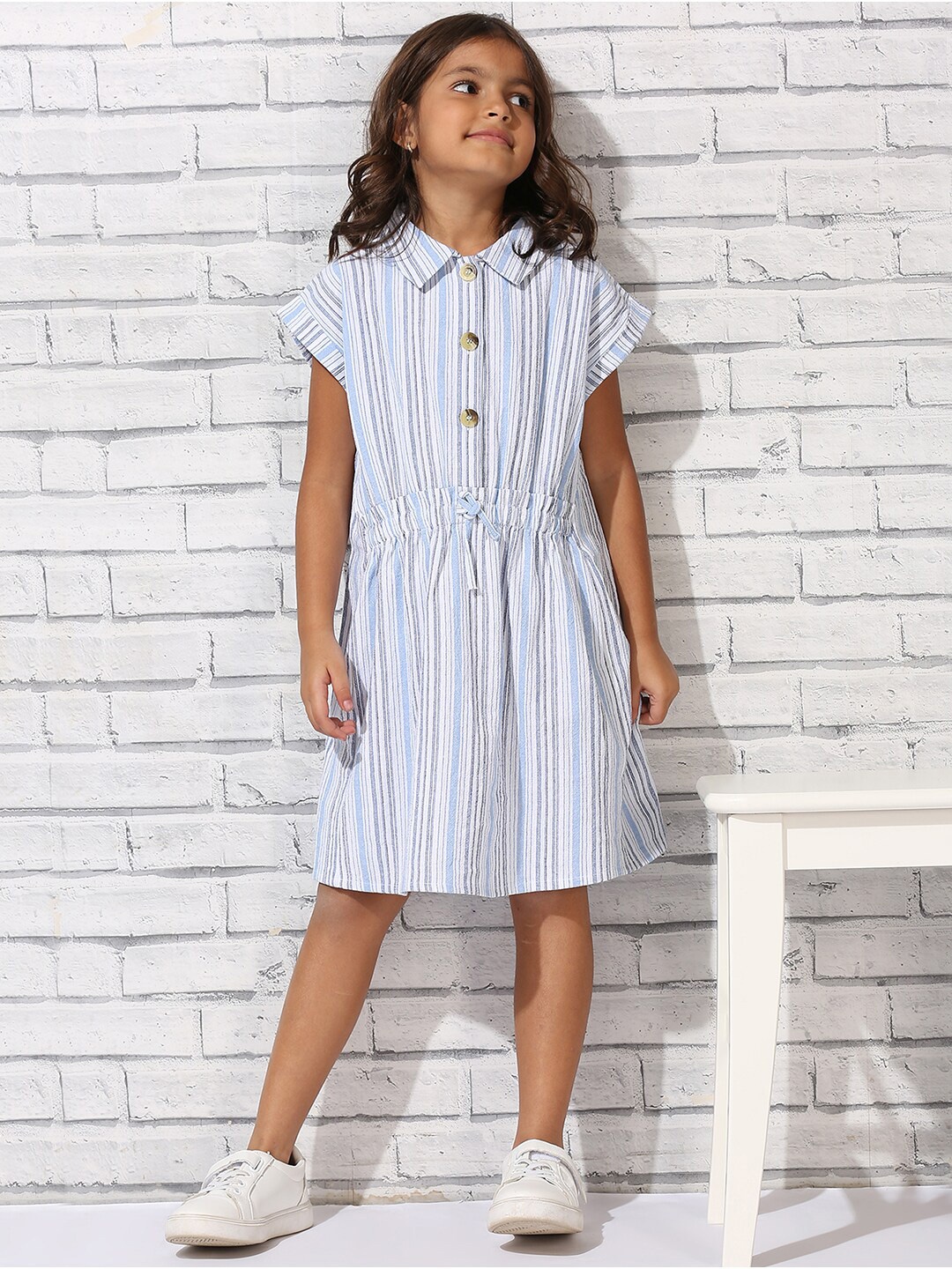 

My Milestones Shirt Collar Extended Sleeves Striped A-Line Dress, Blue
