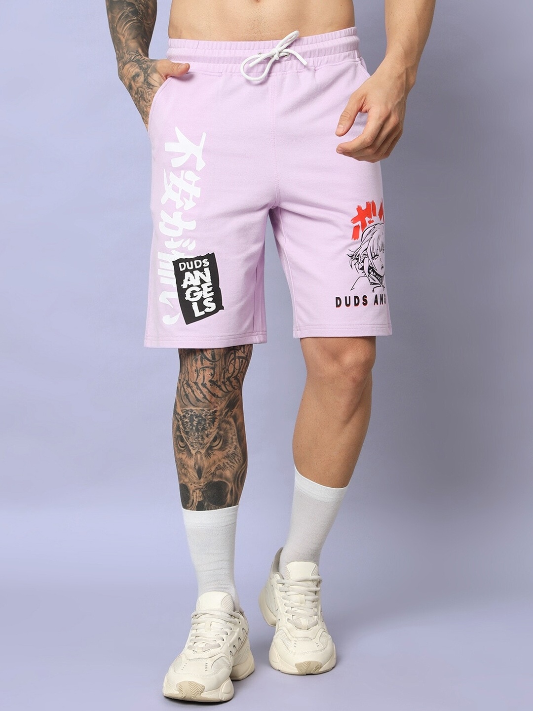 

WEARDUDS Men Relaxed Fit Anime Printed Pure Cotton Shorts, Lavender