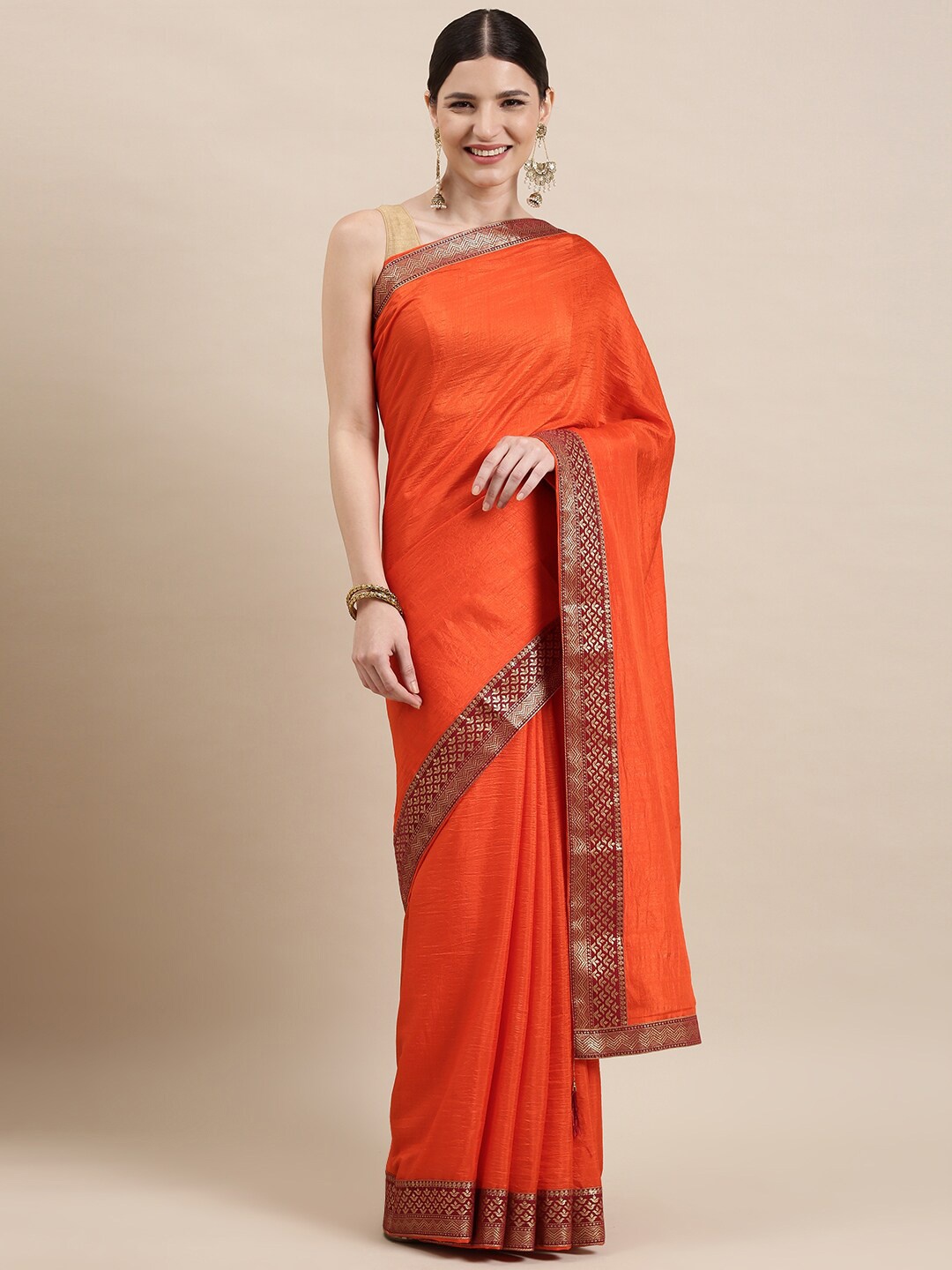 

HERE&NOW Ethnic Woven Design Border Saree, Orange