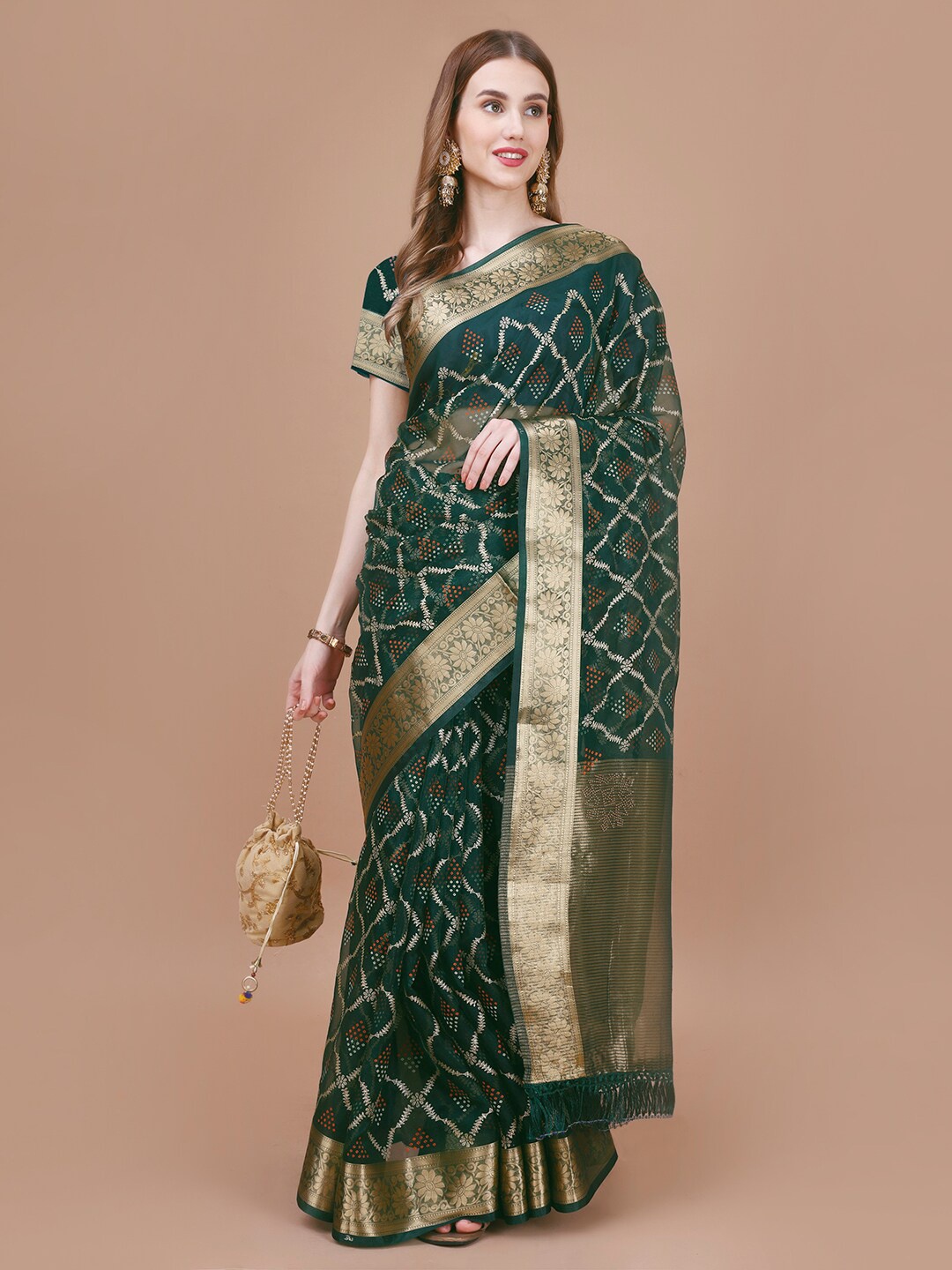 

HERE&NOW Geometric Organza Saree, Green
