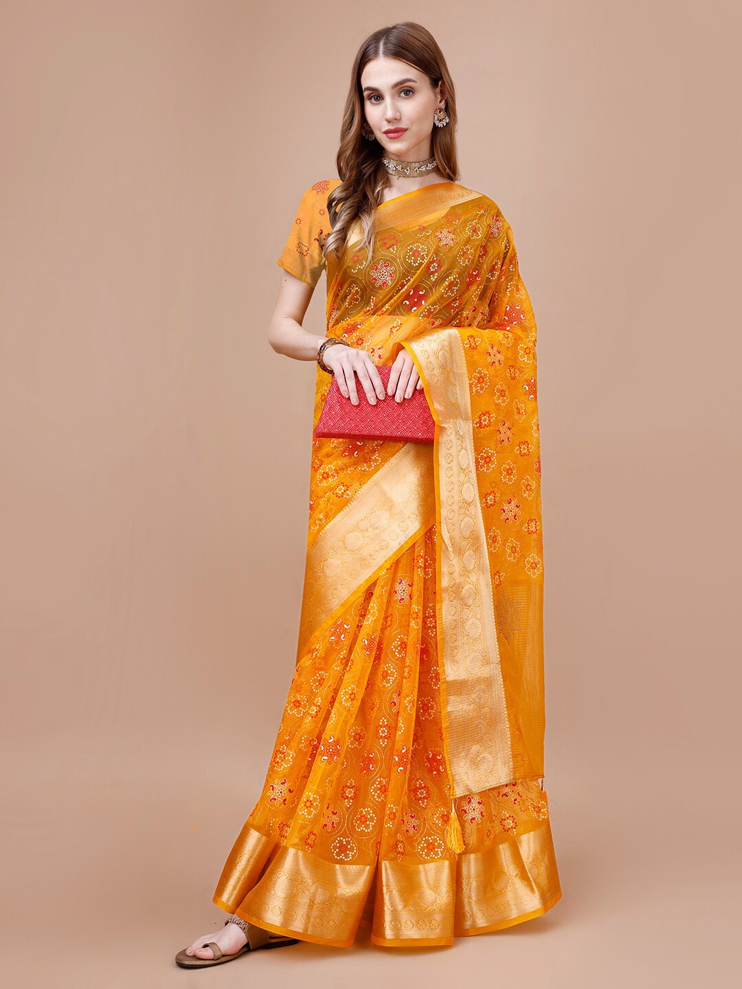 

HERE&NOW Floral Embroidered Organza Saree, Yellow
