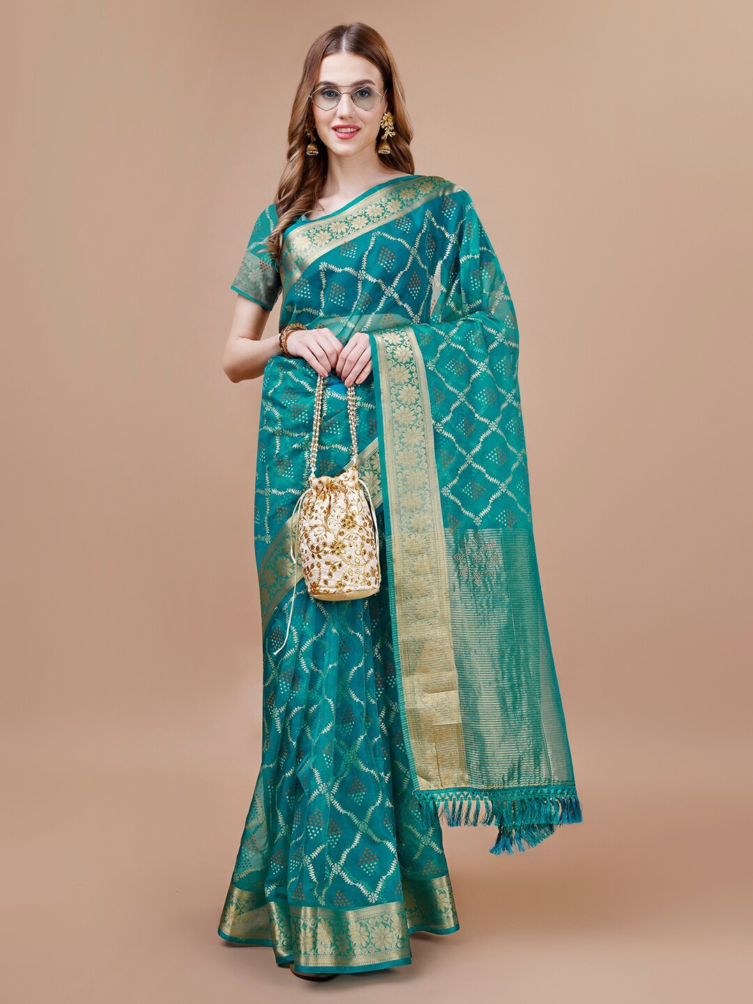 

HERE&NOW Floral Printed Organza Saree, Teal