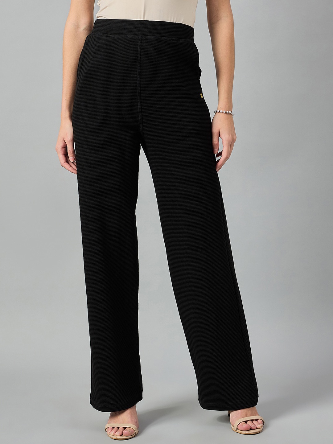 

FEMEA Women Mid Rise Flared Parallel Trousers, Black