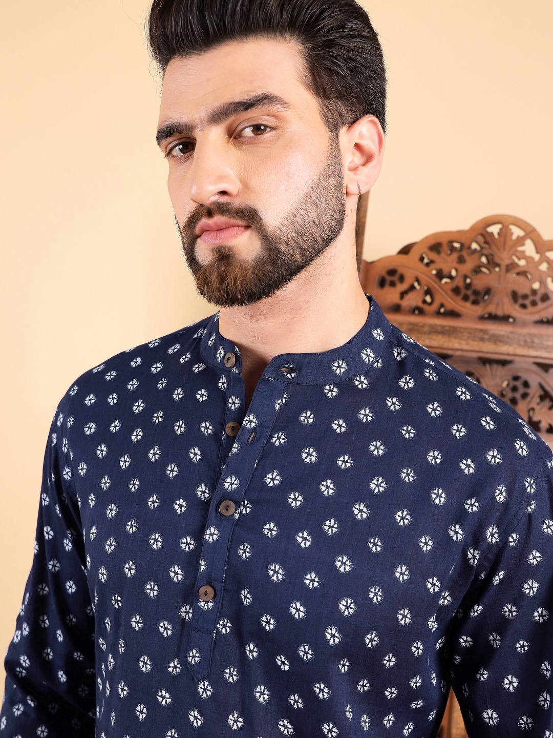 

Ethnic Bay Bandhani Printed Band Collar Cotton Straight Short Kurta, Blue