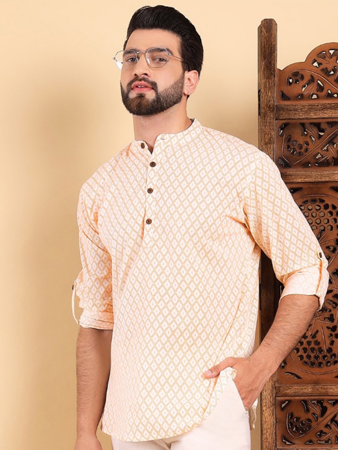 

Ethnic Bay Band Collar Cotton Geometric Printed Straight Kurta, Off white