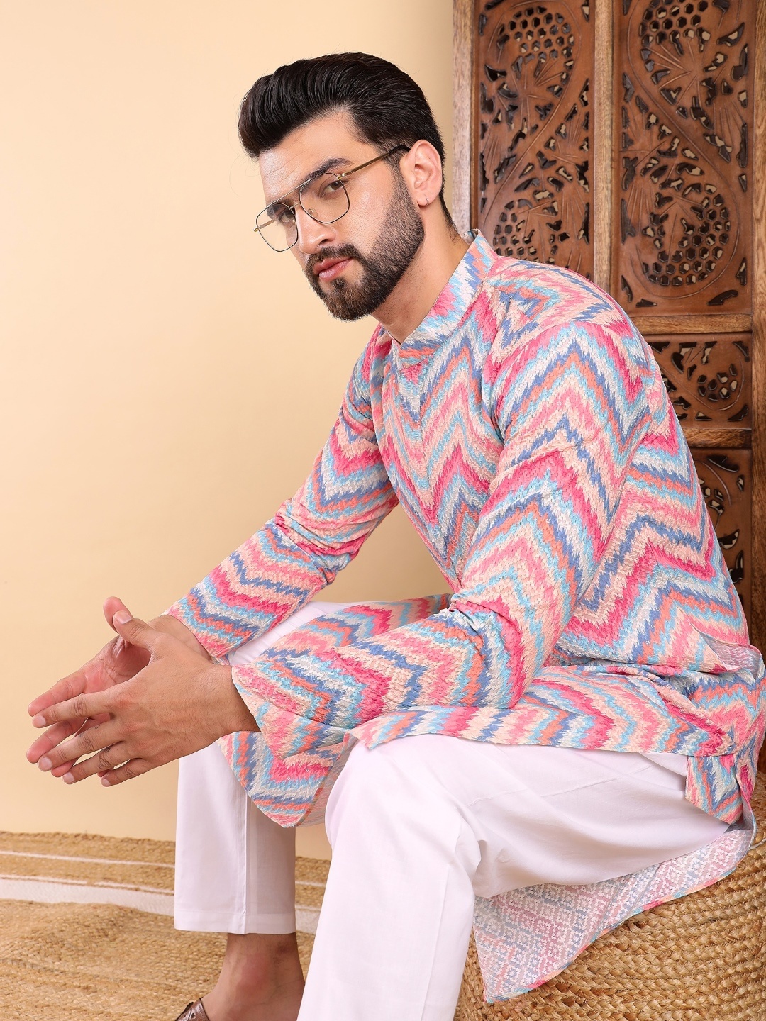 

Ethnic Bay Chevron Printed Mandarin Collar Long Sleeves Kurta, Pink