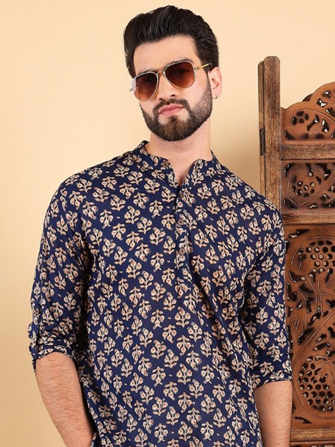 

Ethnic Bay Geometric Printed Band Collar Curved Cotton A-Line Short Kurta, Blue