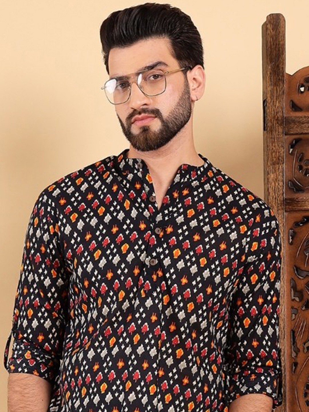 

Ethnic Bay Men Geometric Printed Band Collar Thread Work Straight Cotton Kurta, Black