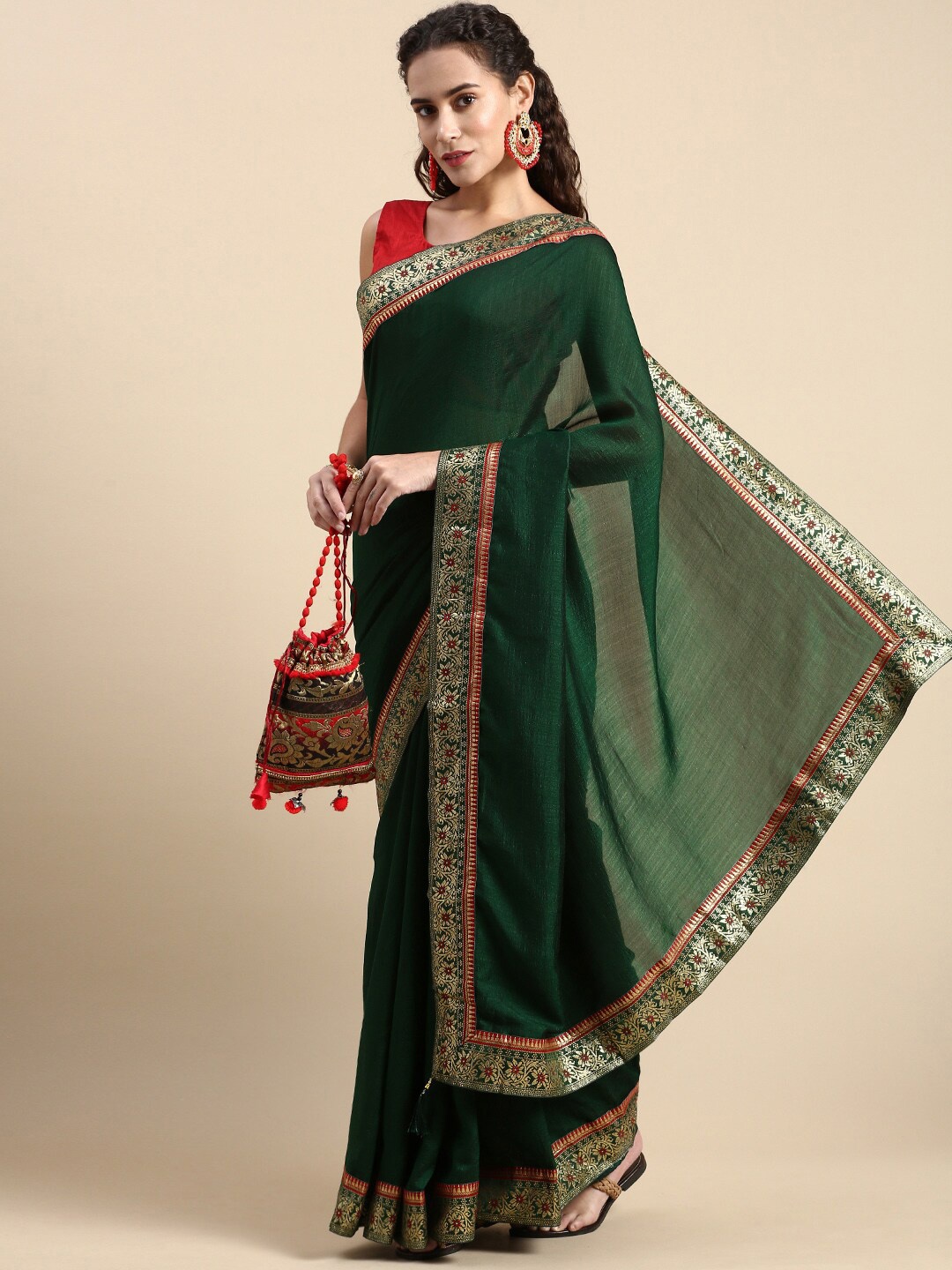 

HERE&NOW Woven Design Border Saree, Green