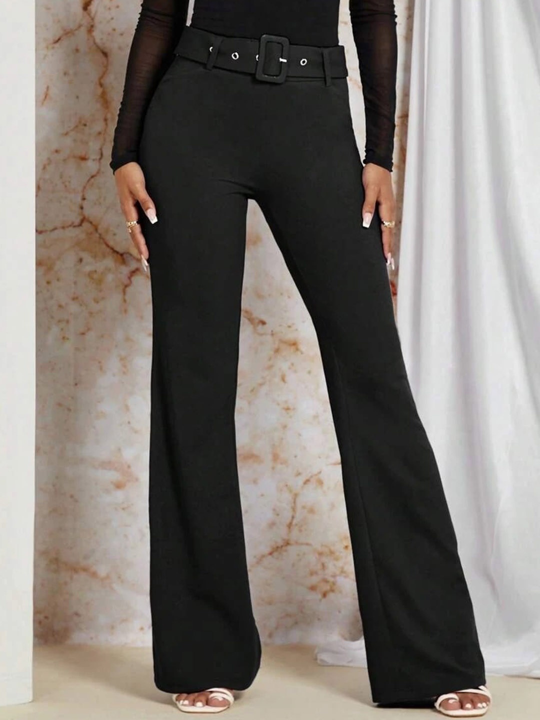 

Stylecast X Slyck Women Comfort Flared Fit Wrinkle Free Trousers, Black