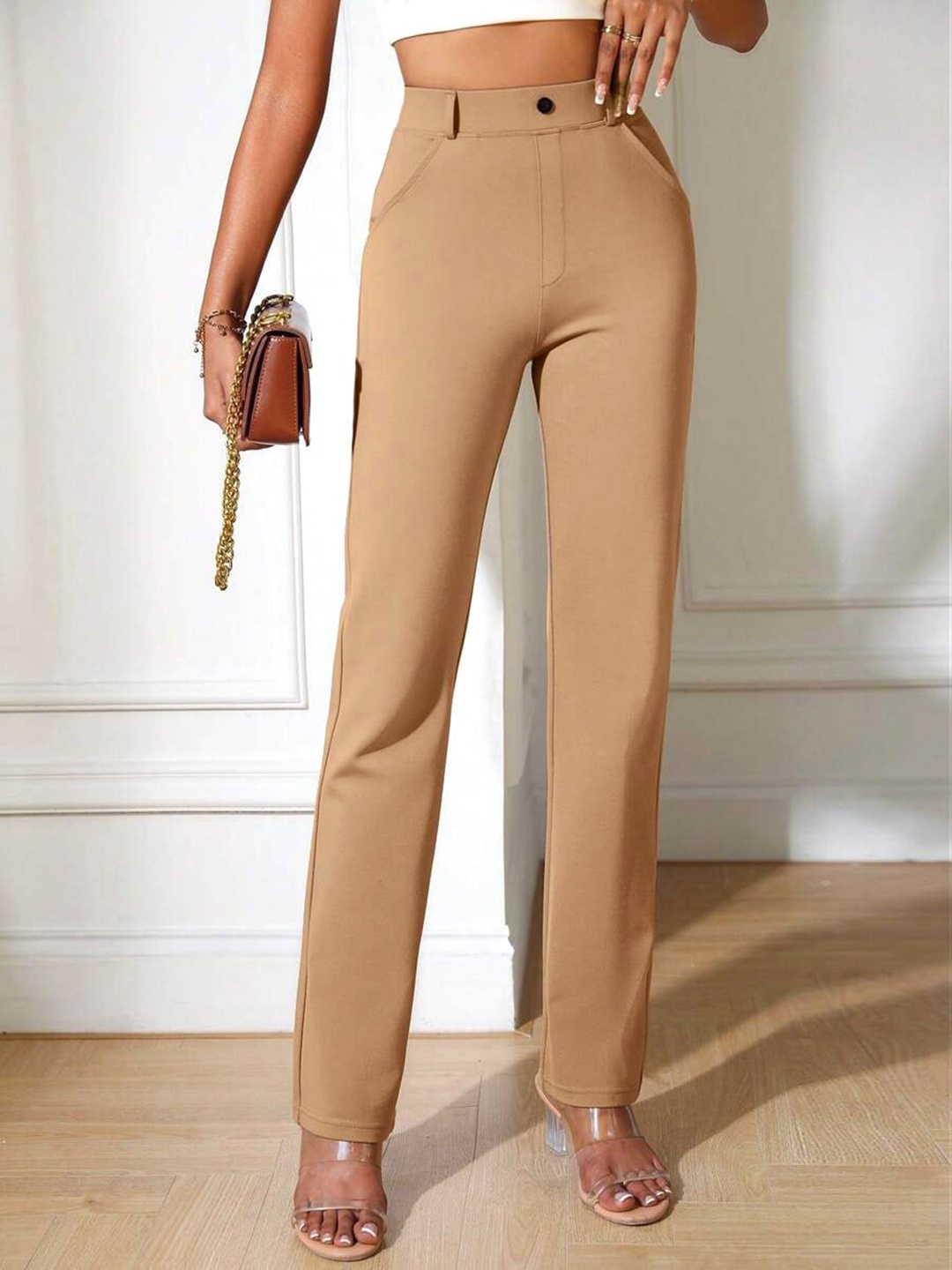 

Stylecast X Slyck Women Comfort Wrinkle Free Regular Trousers, Beige
