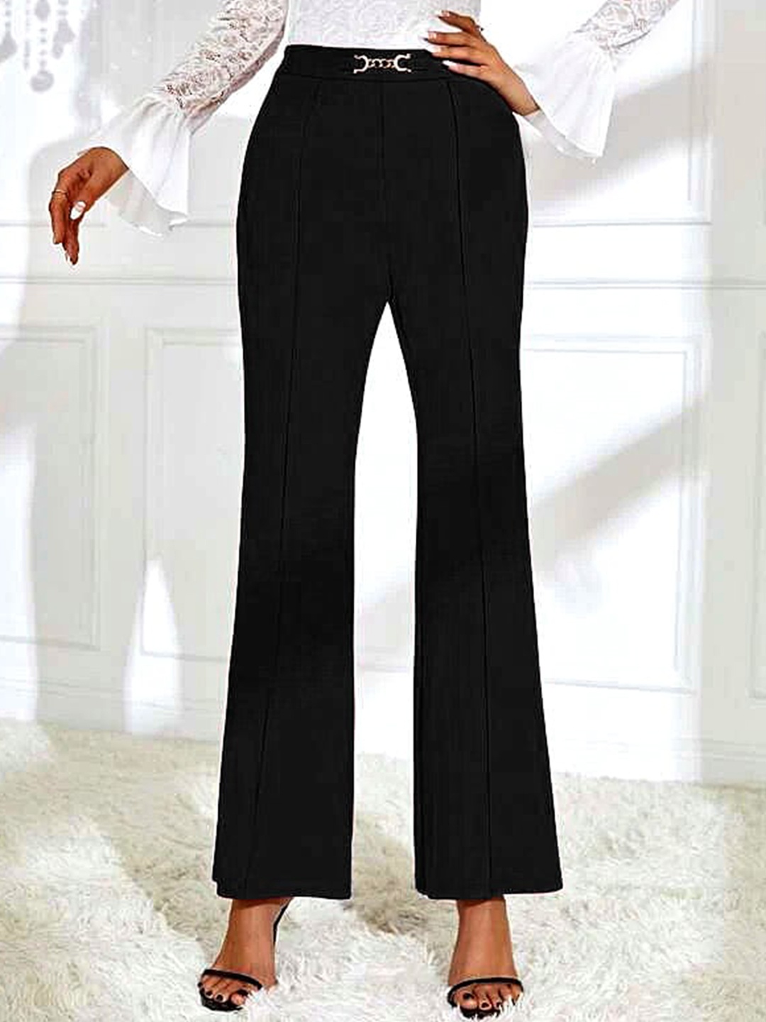 

Stylecast X Slyck Women Comfort Fit Wrinkle Free Chain Detailing Bootcut Trousers, Black