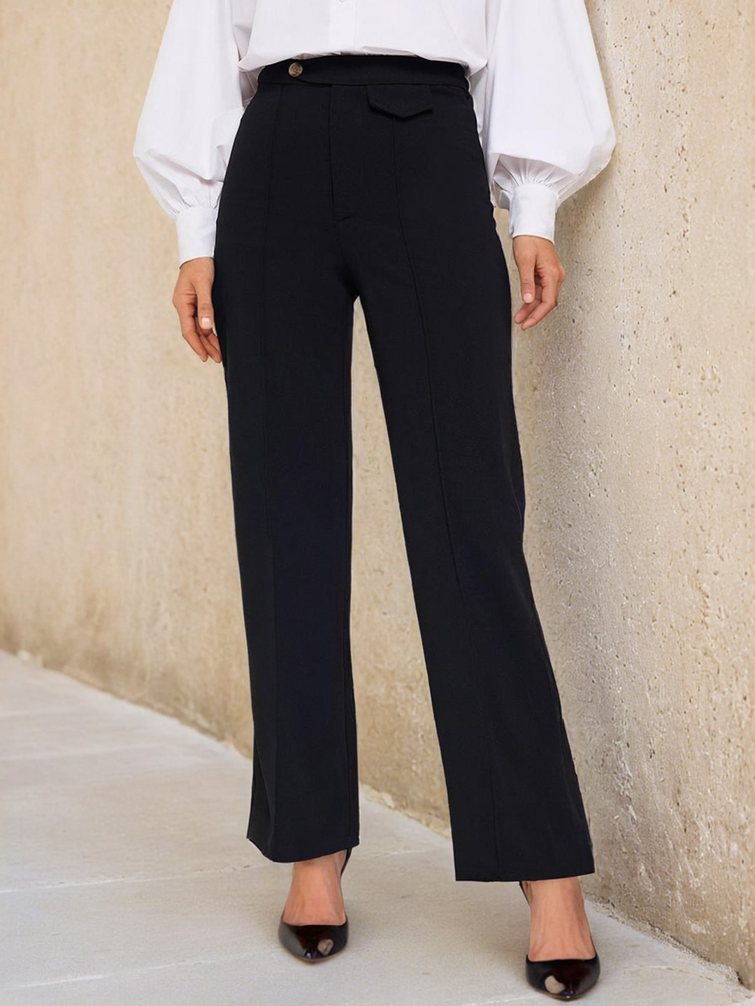 

Stylecast X Slyck Women Comfort Regular Fit Mid-Rise Wrinkle Free Trousers, Black