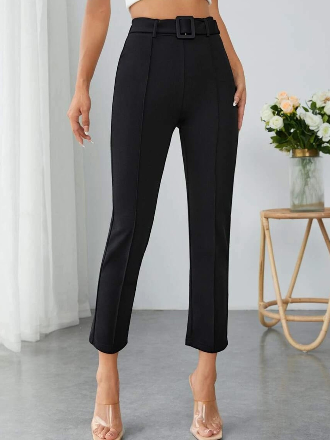 

Stylecast X Slyck Women Comfort Wrinkle Free Belted Regular Trousers, Black
