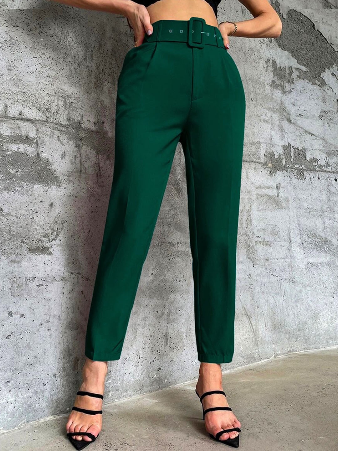 

Stylecast X Slyck Women Comfort Wrinkle Free Belted Trousers, Green