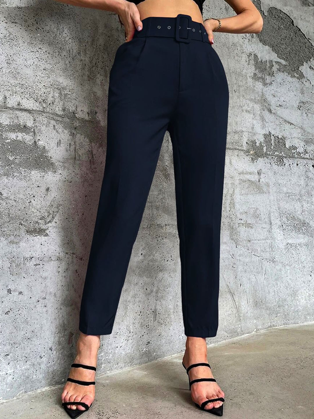 

Stylecast X Slyck Women Mid-Rise Comfort Wrinkle Free Trousers, Navy blue