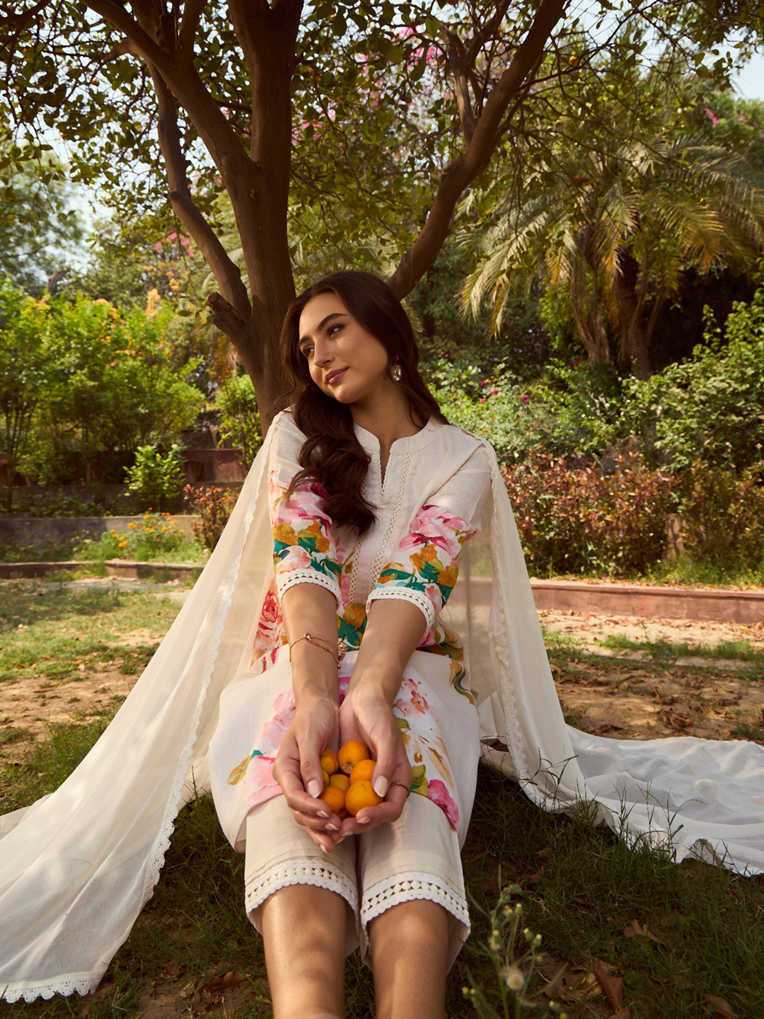 

Indo Era Mandarin Collar Floral Printed Beads and Stones Kurta with Trouser & Dupatta, Off white