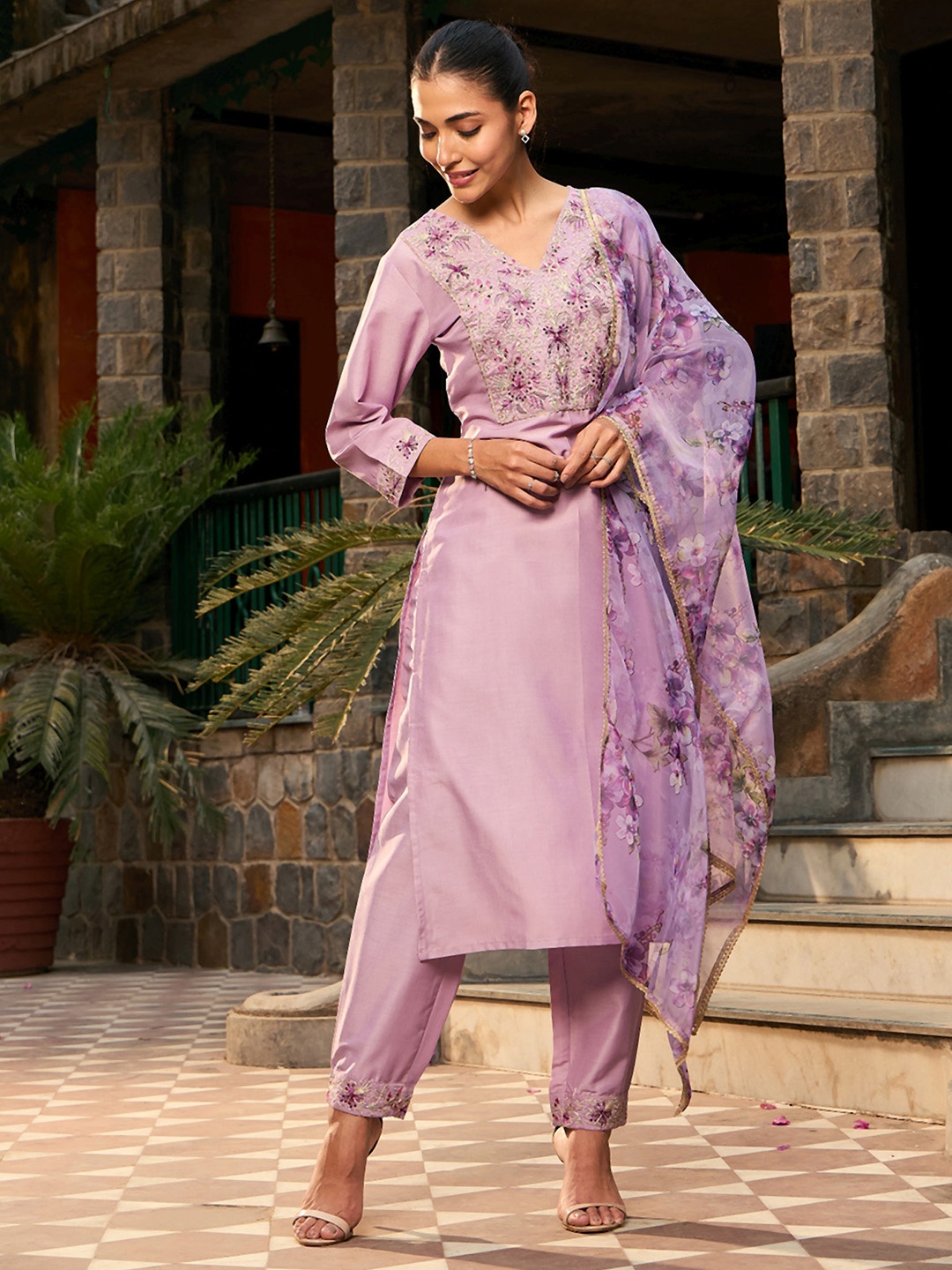

Indo Era V Neck Ethnic Motifs Embroidered Regular Kurta with Trouser & Dupatta, Purple