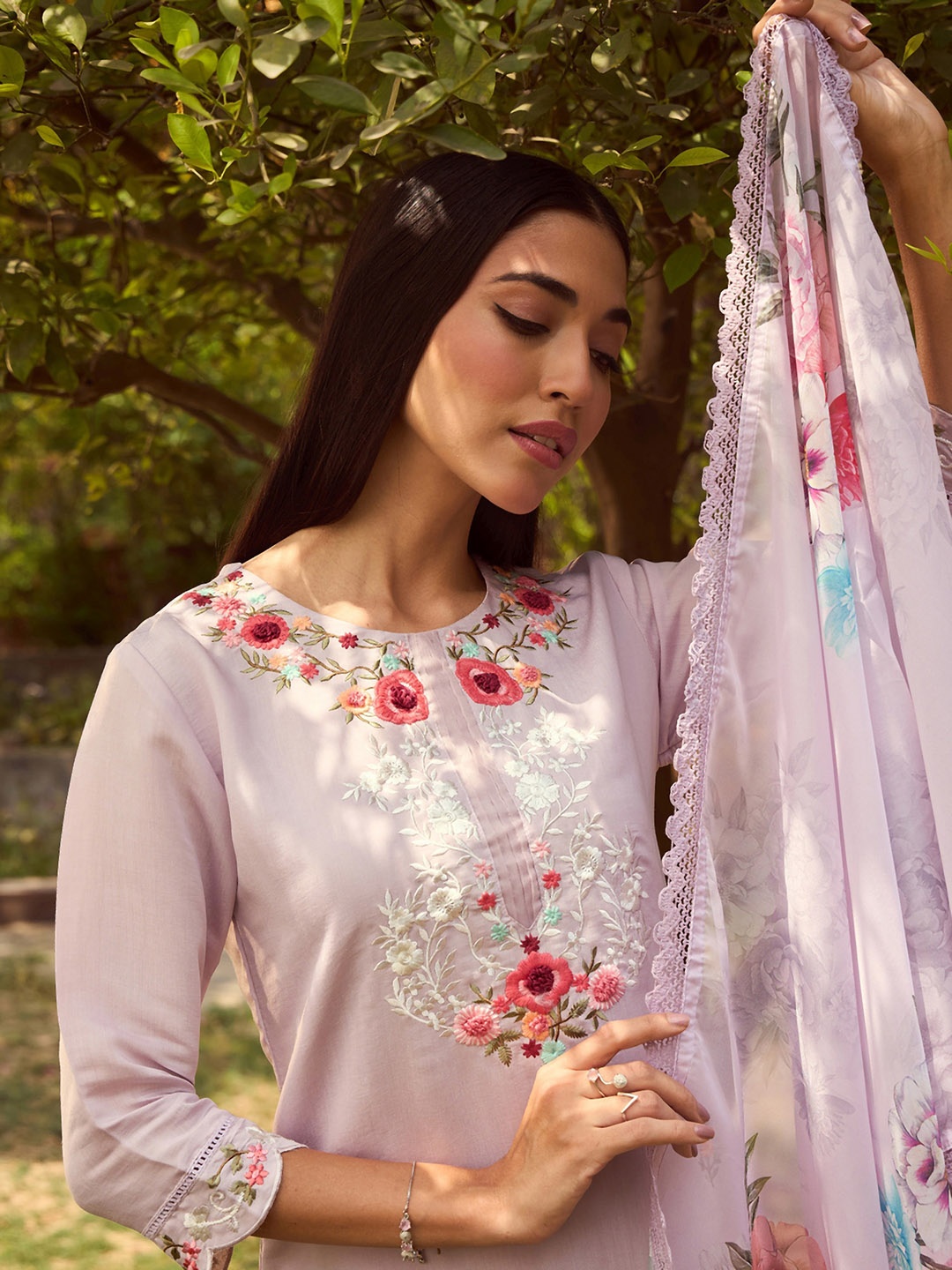 

Indo Era Floral Embroidered Straight Kurta With Trousers & Dupatta, Lavender