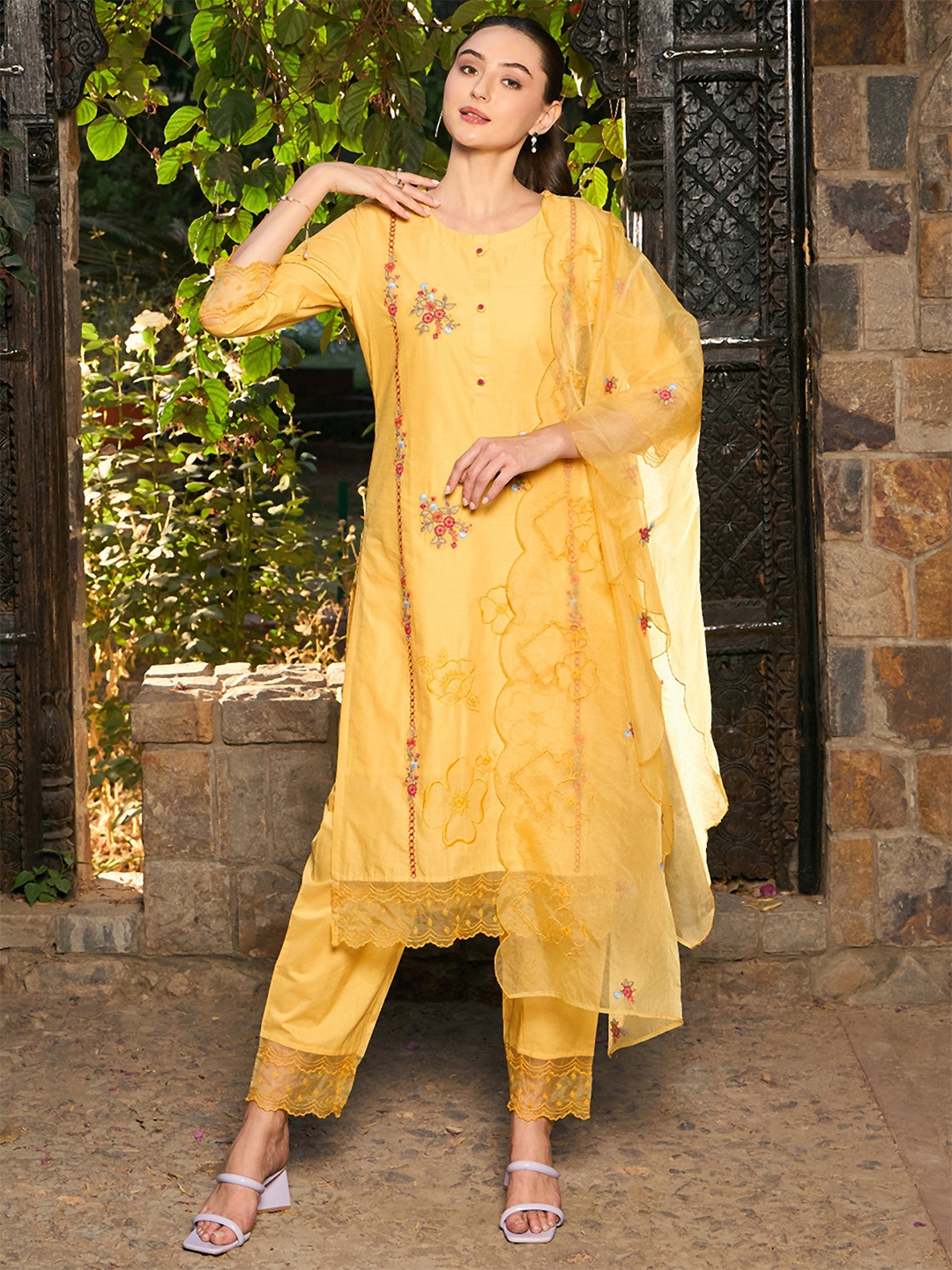 

Indo Era Ethnic Motifs Embroidered Thread Work Pure Cotton Kurta with Trousers & Dupatta, Yellow