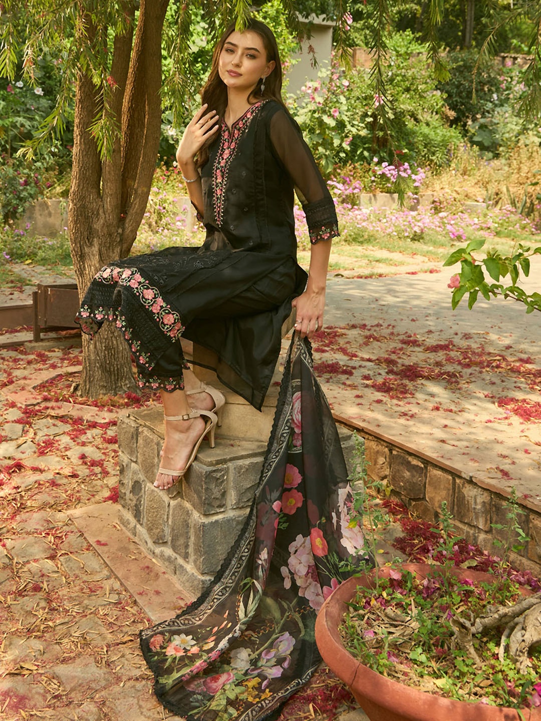 

Indo Era Floral Embroidered Organza Straight Kurta With Trousers & Dupatta, Black