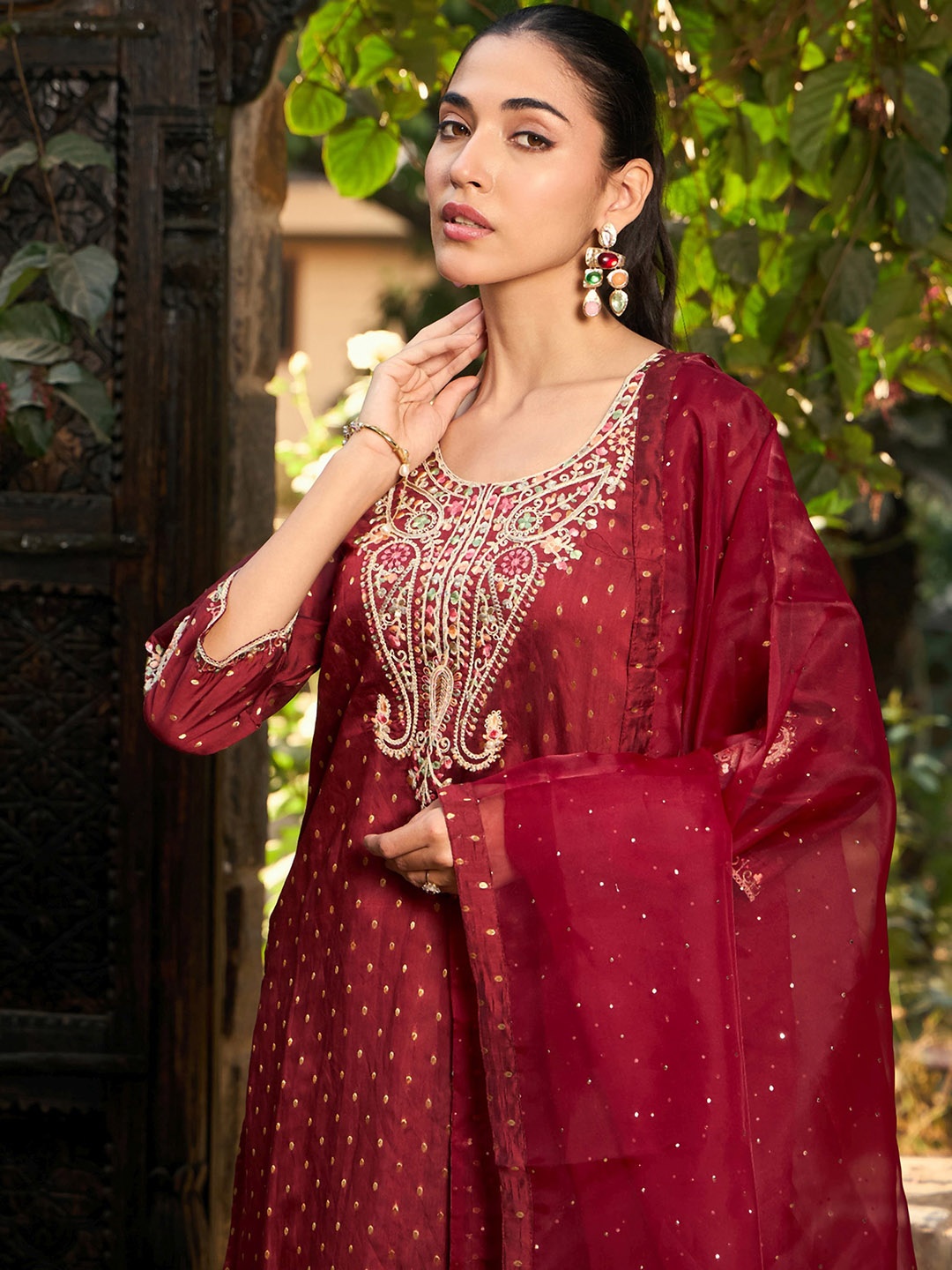 

Indo Era Geometric Woven Design Straight Chanderi Silk Kurta & Trousers & Dupatta, Maroon