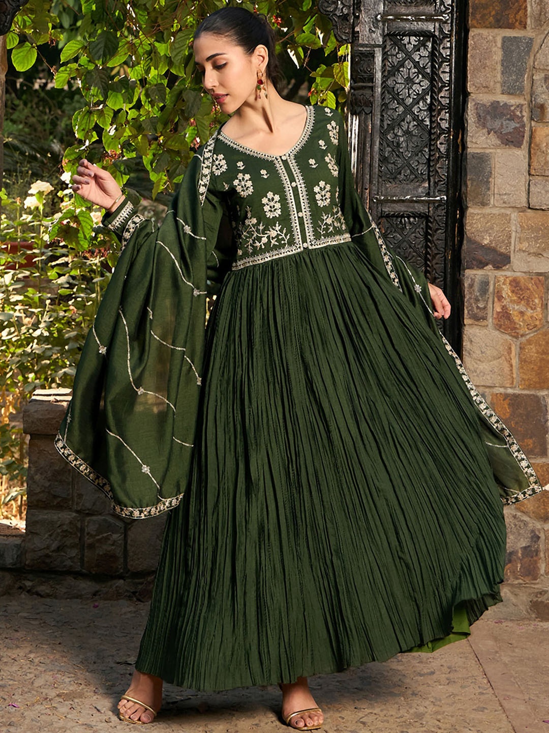 

Indo Era Floral Embroidered V-Neck Pleated A-Line Kurta with Trousers & With Dupatta, Green