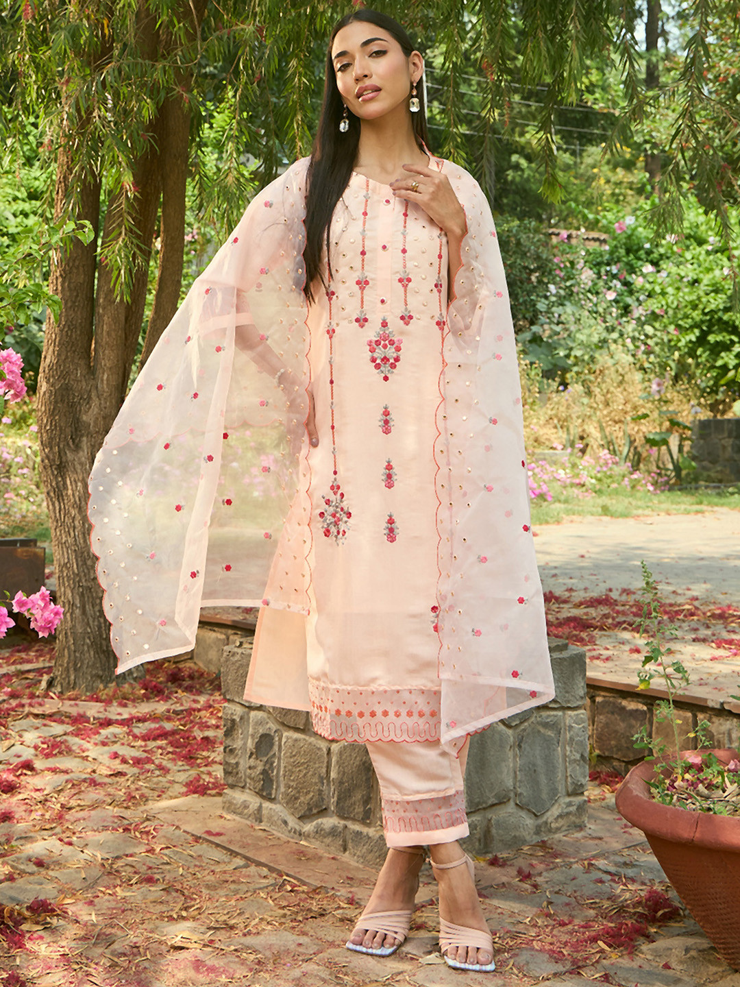 

Indo Era Ethnic Motifs Embroidered Regular Thread Work Kurta with Trousers & Dupatta, Peach
