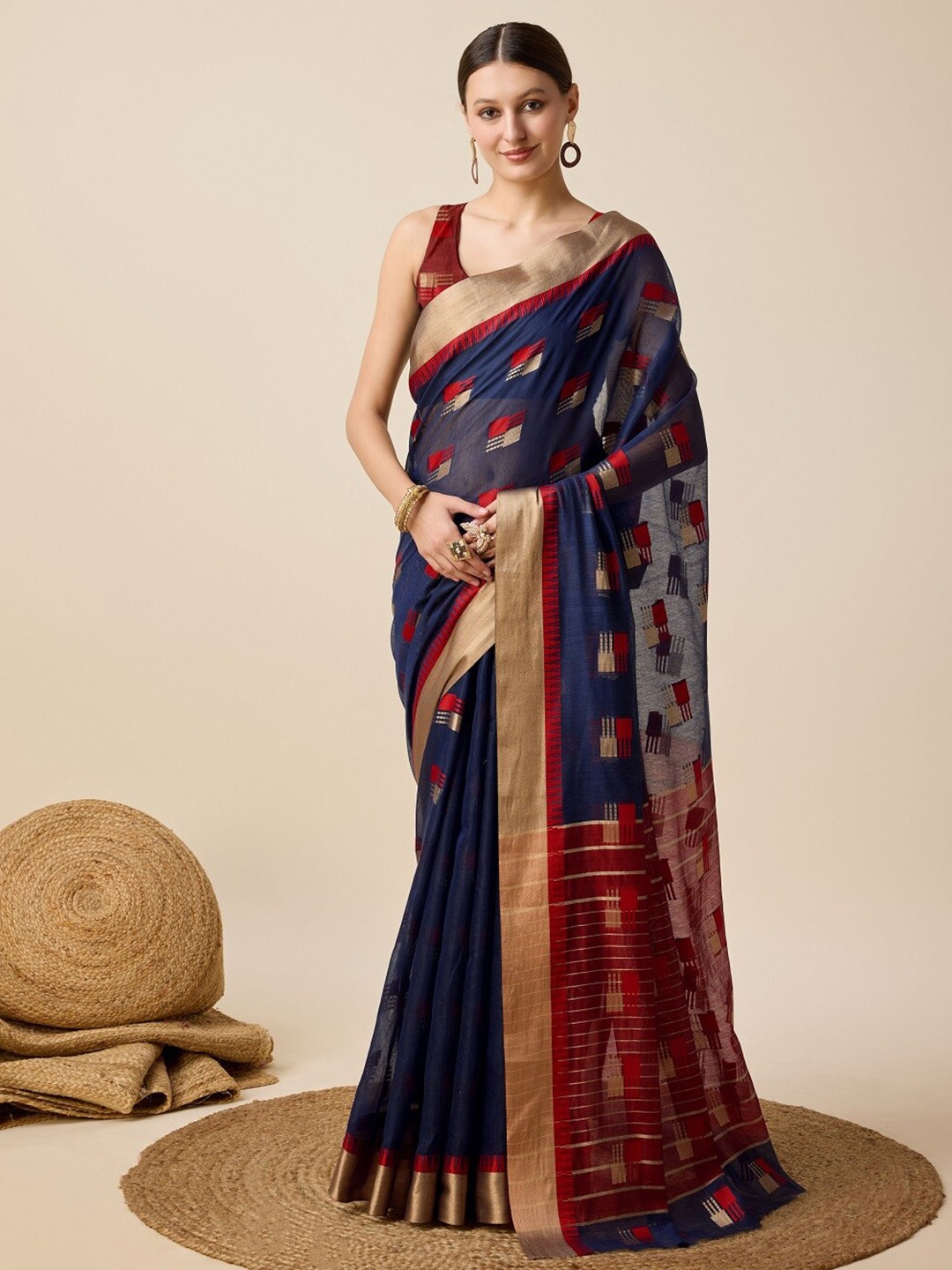 

Mitera Geometric Woven Design Zari Silk Cotton Kota Saree, Navy blue