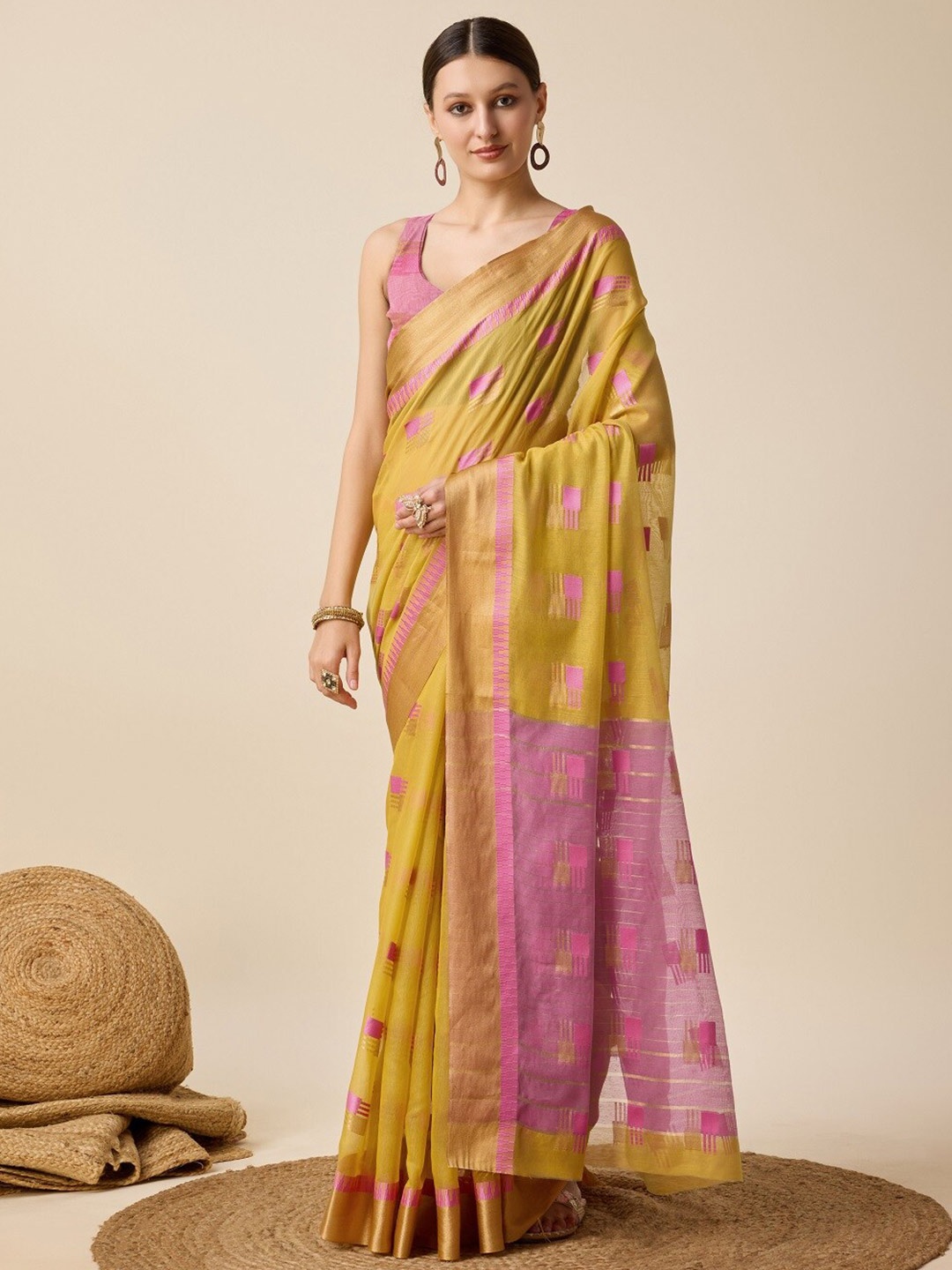

Mitera Woven Design Silk Cotton Kota Zari Saree, Mustard