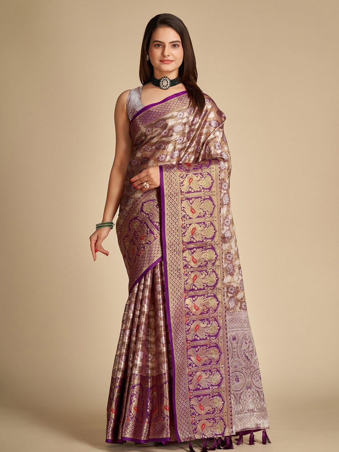 

Mitera Ethnic Motiufs Woven Design Zari Banarasi Saree, Brown