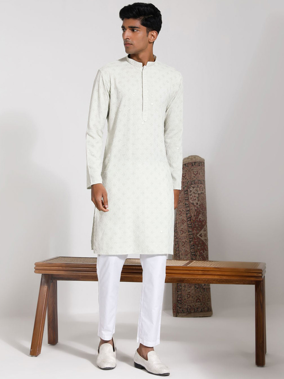 

VASTRAMAY Embroidered Regular Sequinned Kurta with Pyjamas, Green