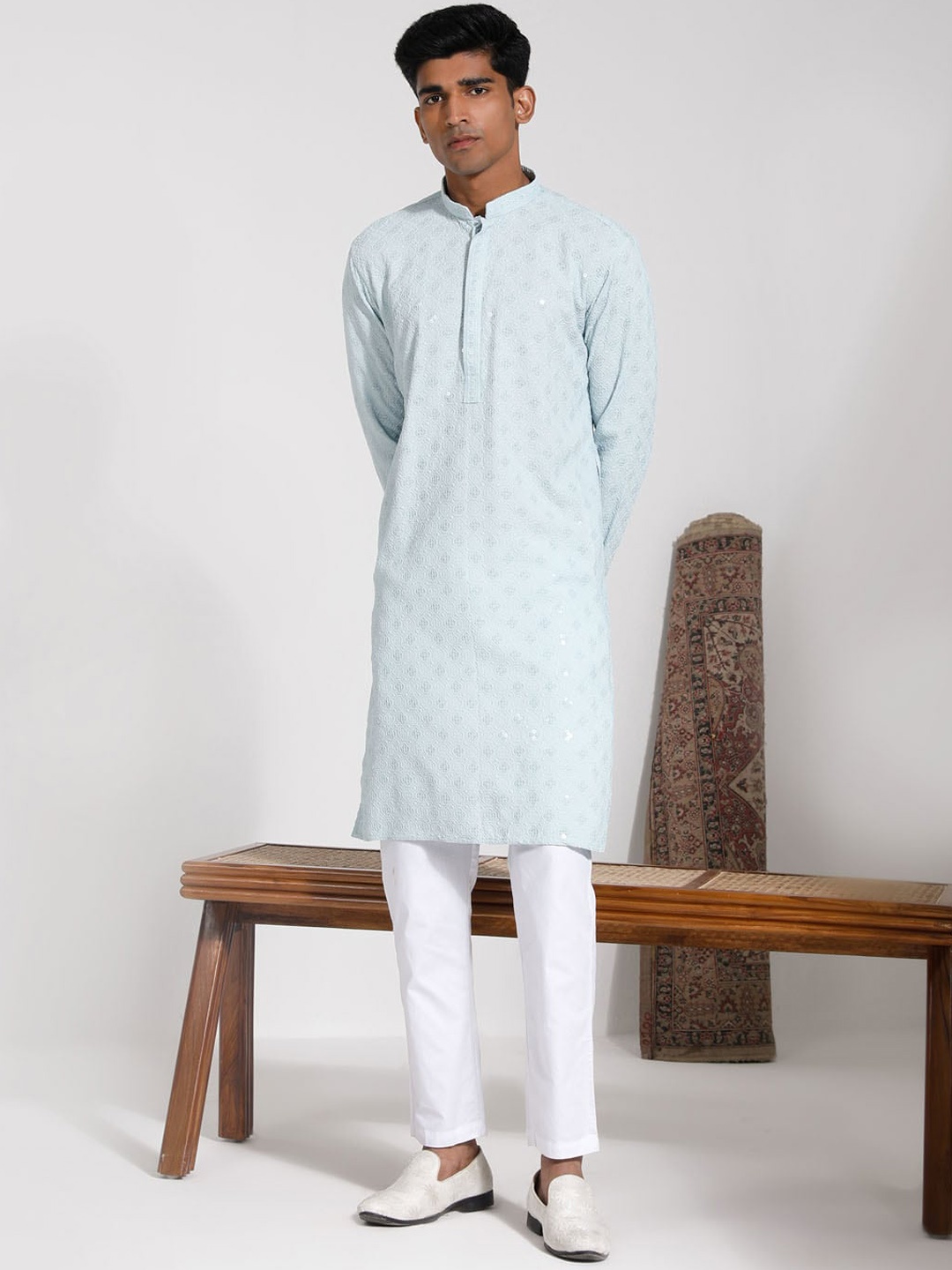 

VASTRAMAY Embroidered Regular Sequinned Kurta with Pyjamas, Blue