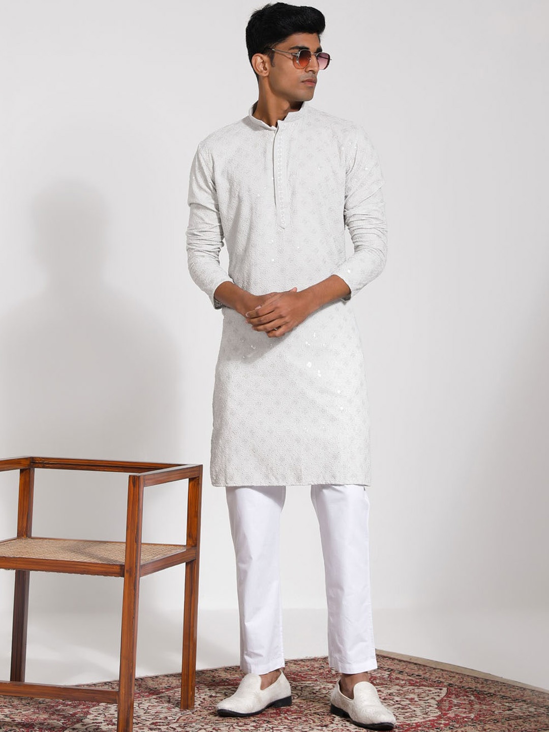 

VASTRAMAY Embroidered Regular Sequinned Kurta with Pyjamas, Grey