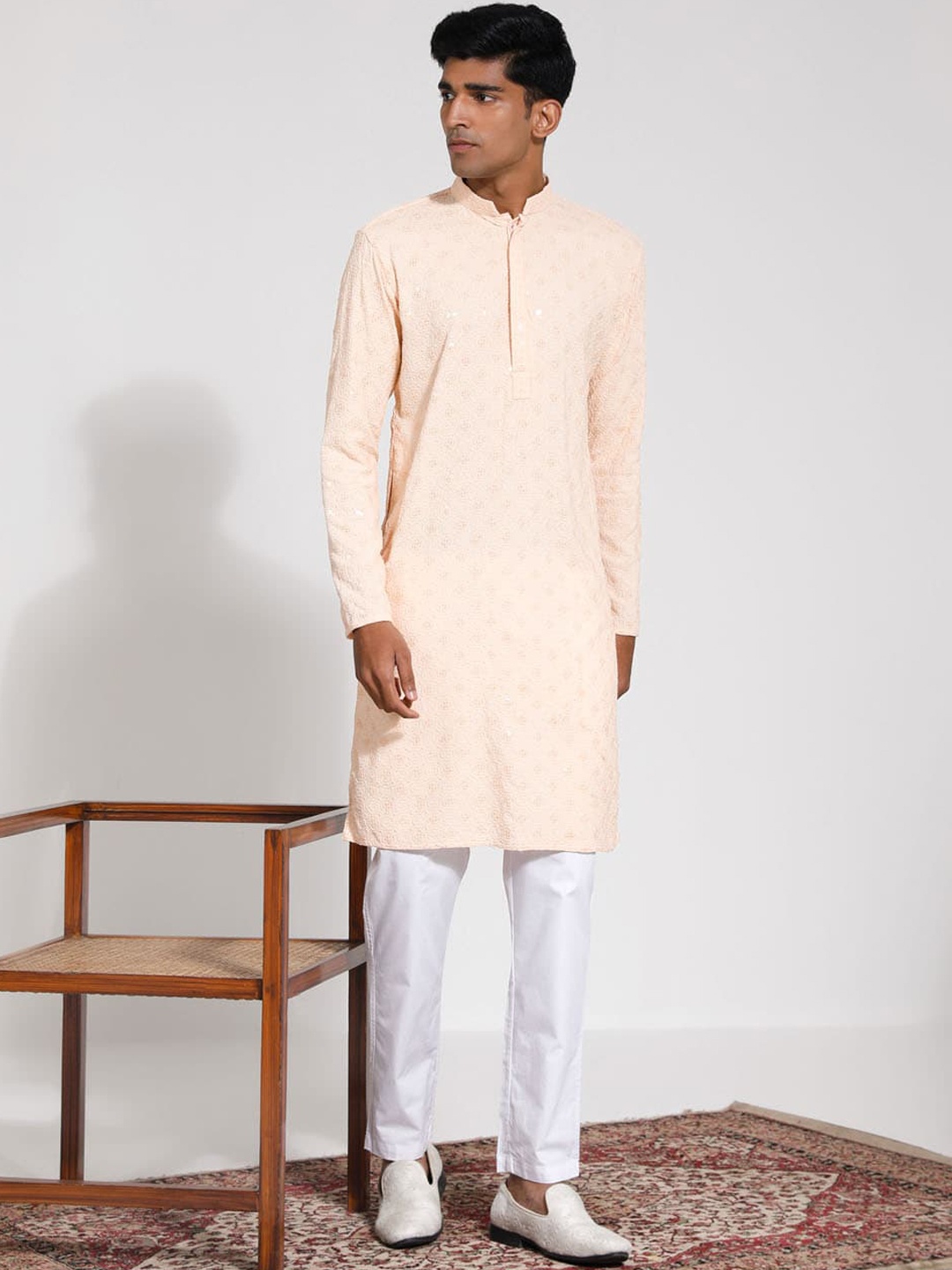 

VASTRAMAY Embroidered Regular Sequinned Kurta with Pyjamas, Peach