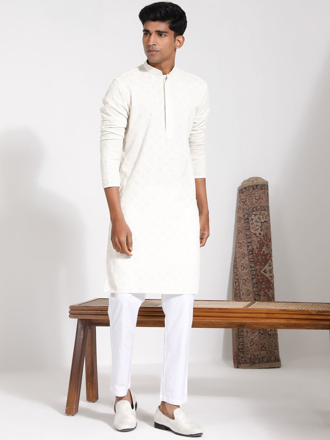 

VASTRAMAY Embroidered Regular Sequinned Kurta with Pyjamas, Cream