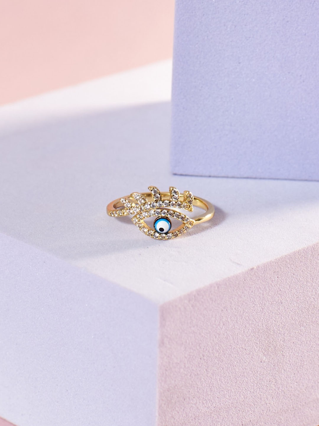 

SALTY Stone-Studded Adjustable Evil Eye Finger Ring, Gold