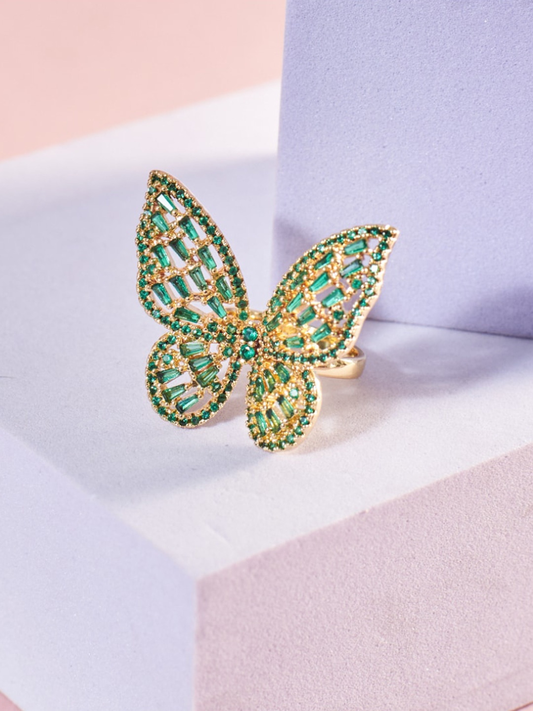 

SALTY Stone-Studded Adjustable Butterfly Finger Ring, Gold