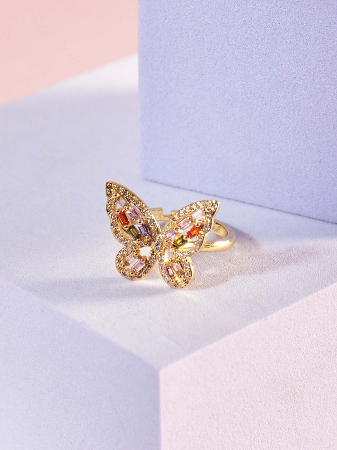

SALTY Gold-Plated Stones Studded Brilliance Gala Butterfly Adjustable Finger Ring