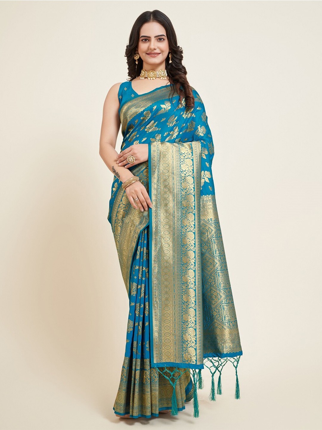 

Mitera Floral Woven Design Zari Banarasi Saree, Teal