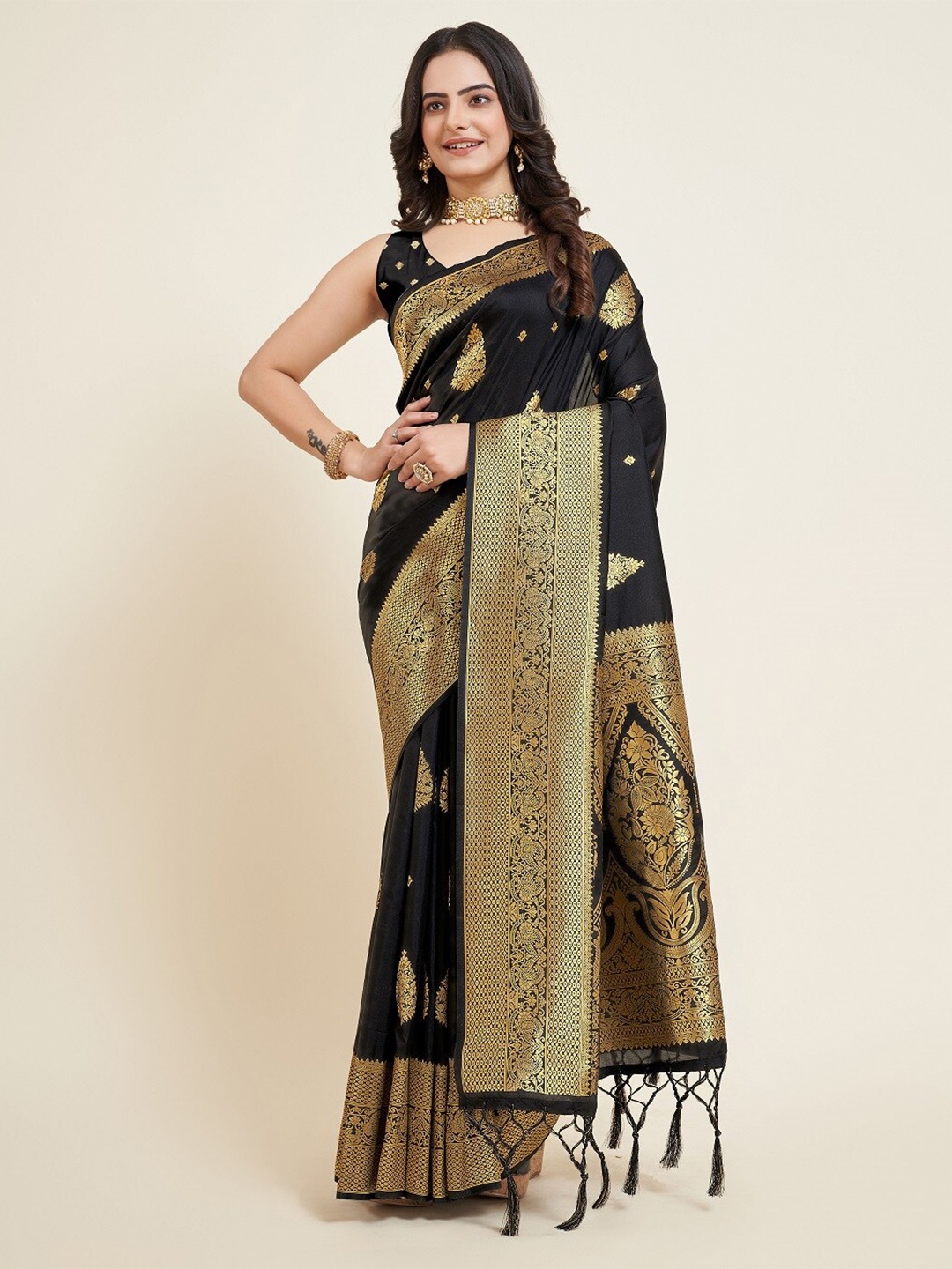 

Mitera Ethnic Motifs Woven Design Zari Banarasi Saree, Black