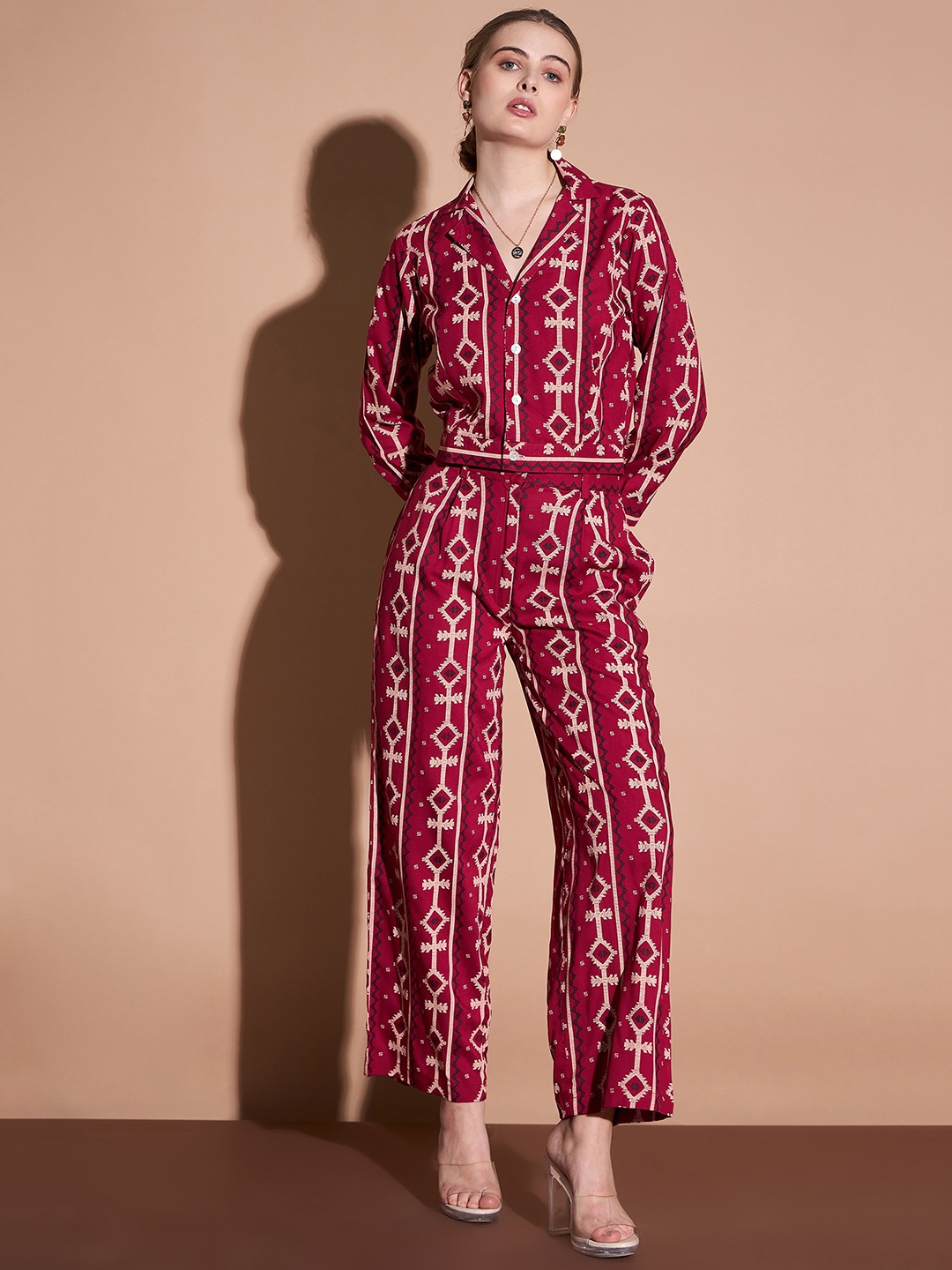 

DressBerry Printed Long Sleeves Top And Trousers Co-Ords, Maroon