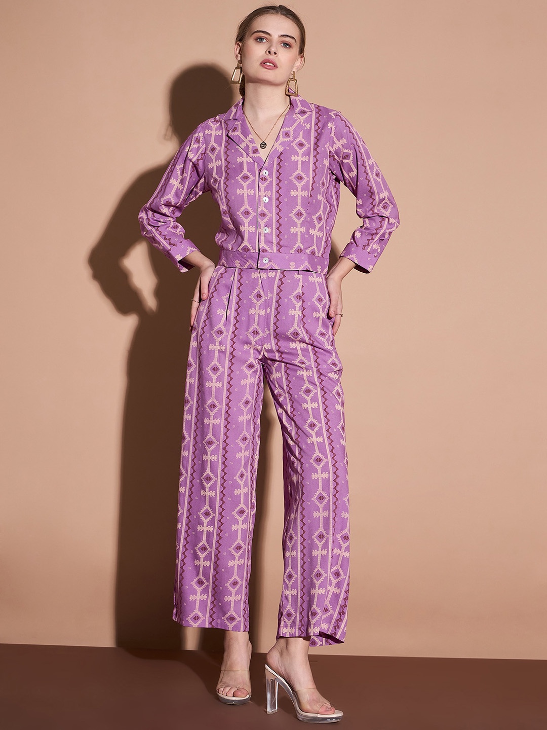 

DressBerry Printed Lapel Collar Top With Trousers Co-Ords, Purple