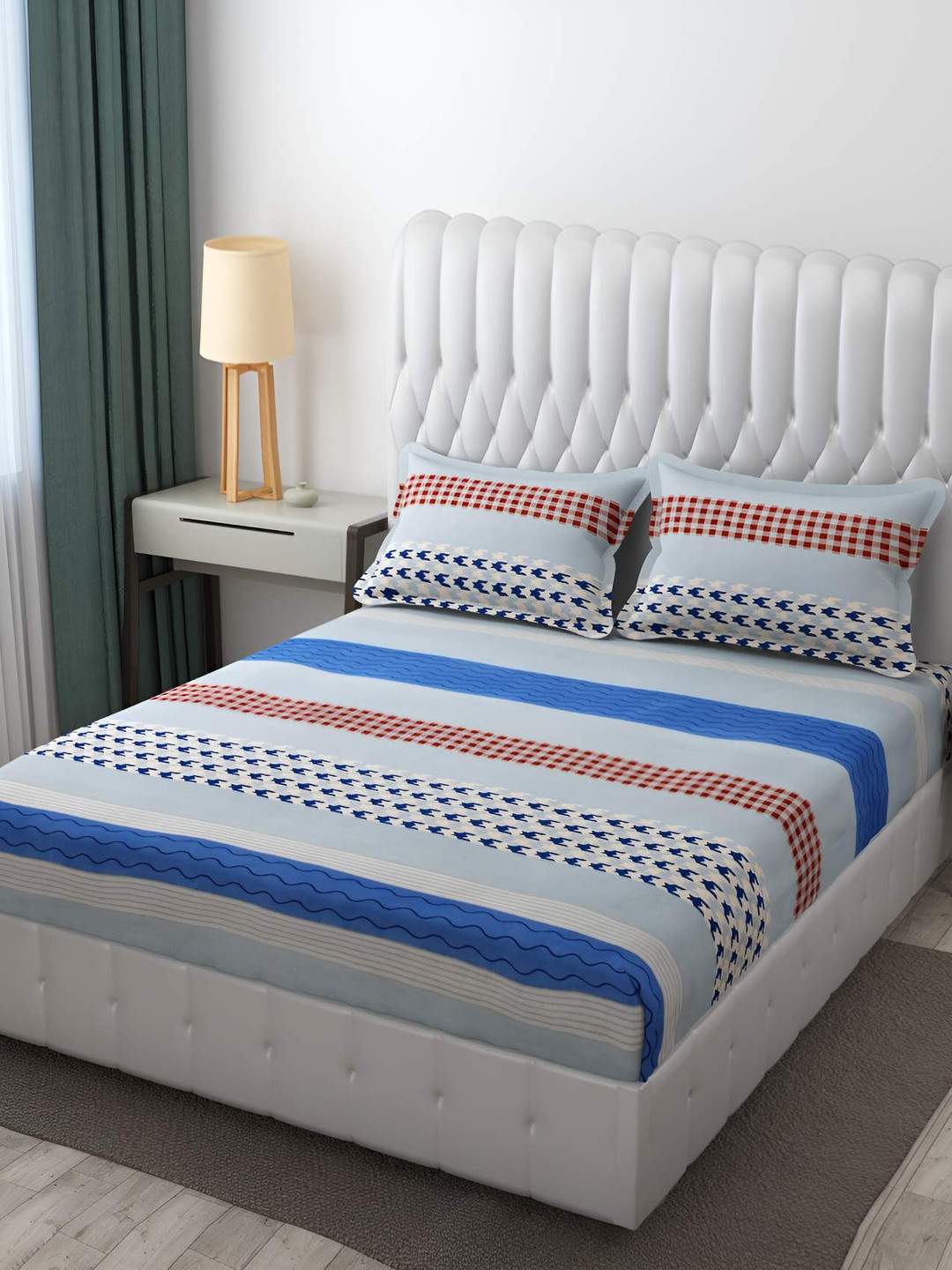 

Bajo's Blue & Grey Geometric Cotton 250 TC Fitted Queen Bedsheet With 2 Pillow Covers