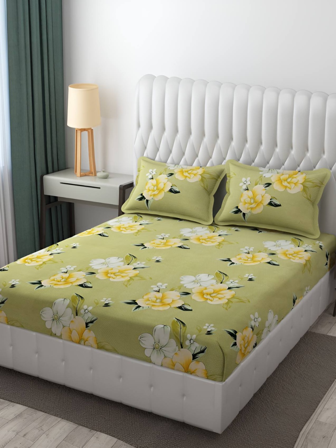 

Bajo's Green & Yellow Floral Cotton 250 TC Fitted Queen Bedsheet With 2 Pillow Covers