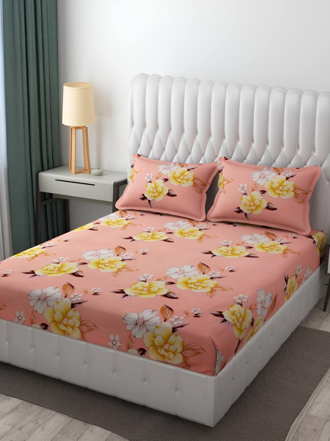 

Bajo's Peach & Yellow Floral Cotton 250 TC Fitted Queen Bedsheet With 2 Pillow Covers