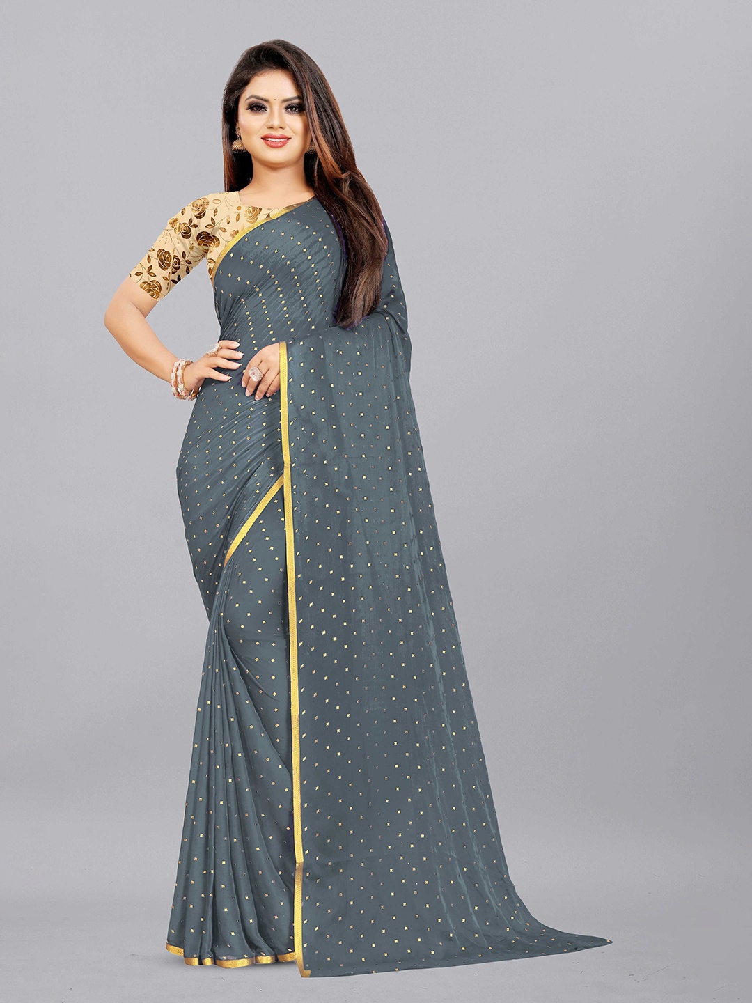 

Aardiva Polka Dots Pure Chiffon Saree, Grey